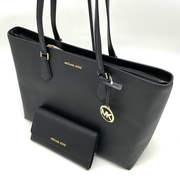 Michael Kors Bag Large Sheila Mf Tote Bag & Large Trifold Wallet Black/Gold - Picture 11 of 14